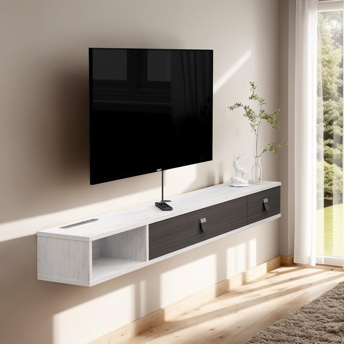 Pmnianhua Floating TV Unit, 55'' Wall Mounted TV Cabinet, Floating Shelves with 2 Doors