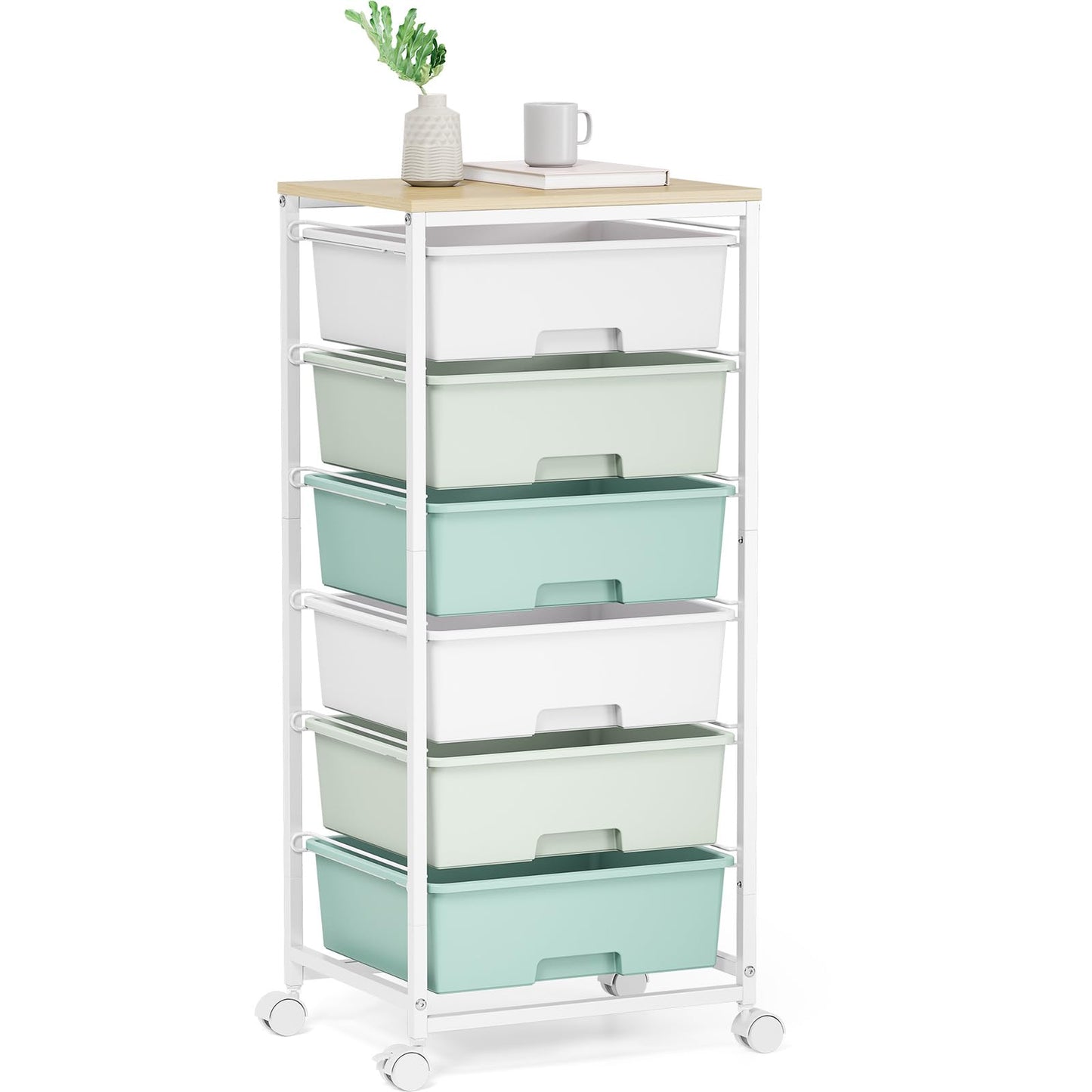 Rolling Storage Cart with 6 Drawers and Wooden Tabletop, Lockable Wheels Utility Cart for Art Studios, Office Supplies & Craft Room Organization