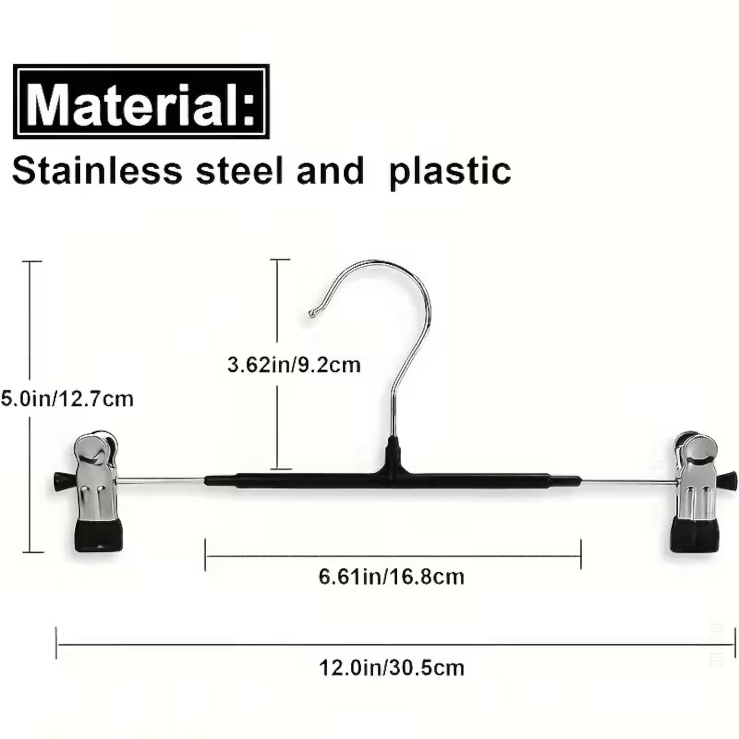 CRIFLOMAR Universal Hangers with Clips, 10 Pieces, 30 cm, Metal Hangers for Trousers and Skirts, Space Saving (Black)