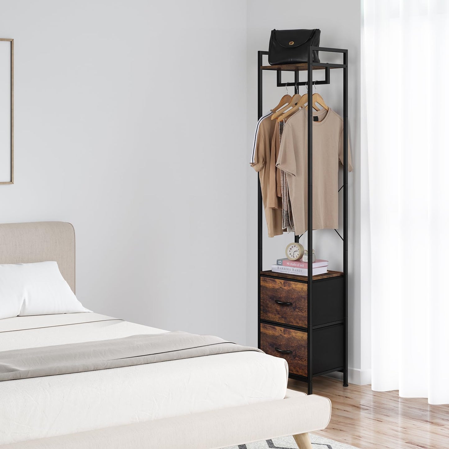 UOMIO 180CM Tall Clothes Rail with Drawers, Narrow Freestanding Coat Rack, Space Saving Clothing Rail Hanger with Storage Shelf