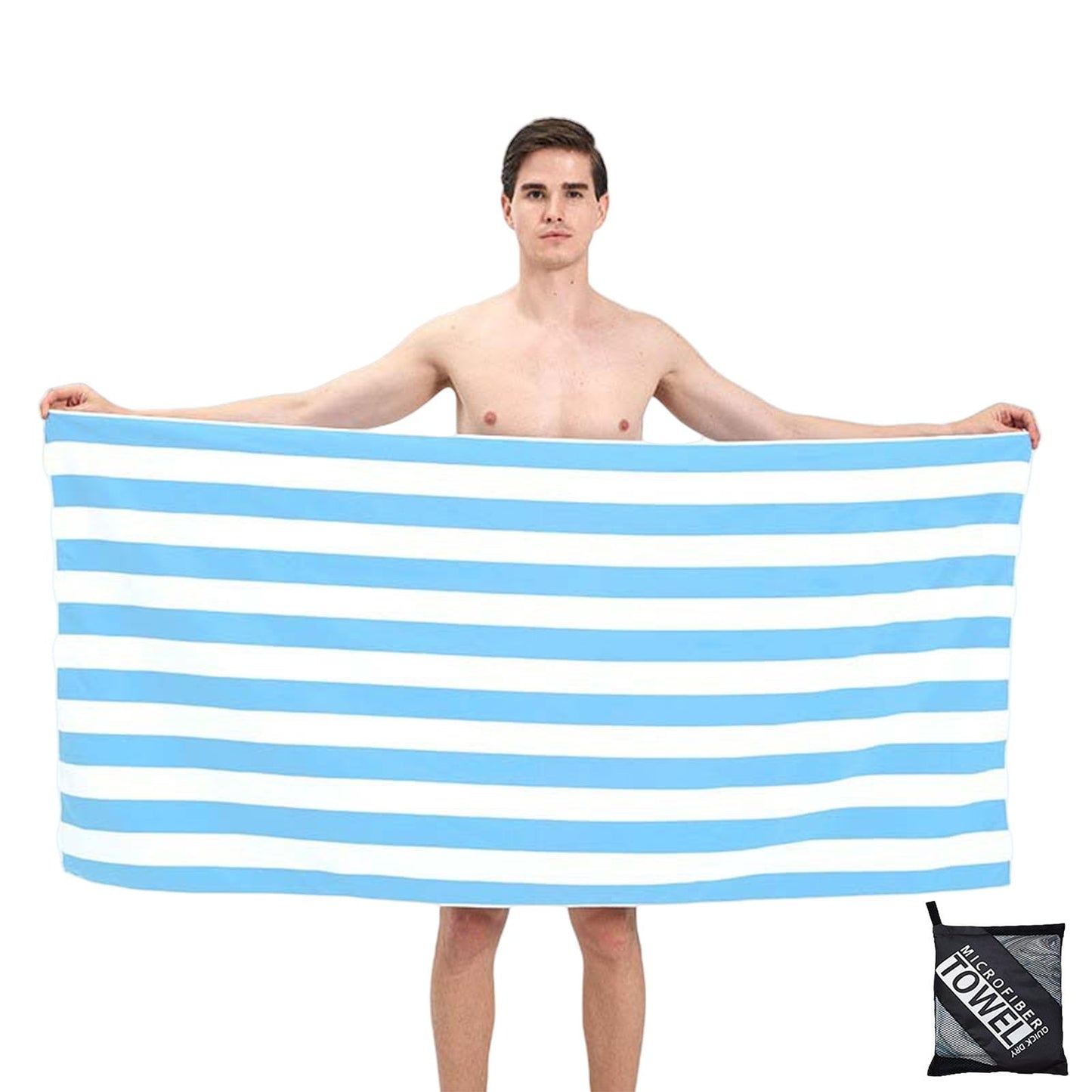 Large Microfibre Beach Towel for Adult,160x90cm Double Side Sand Free Beach Towel,Blue Striped Lightweight Quick Dry Travel Swim Towel with