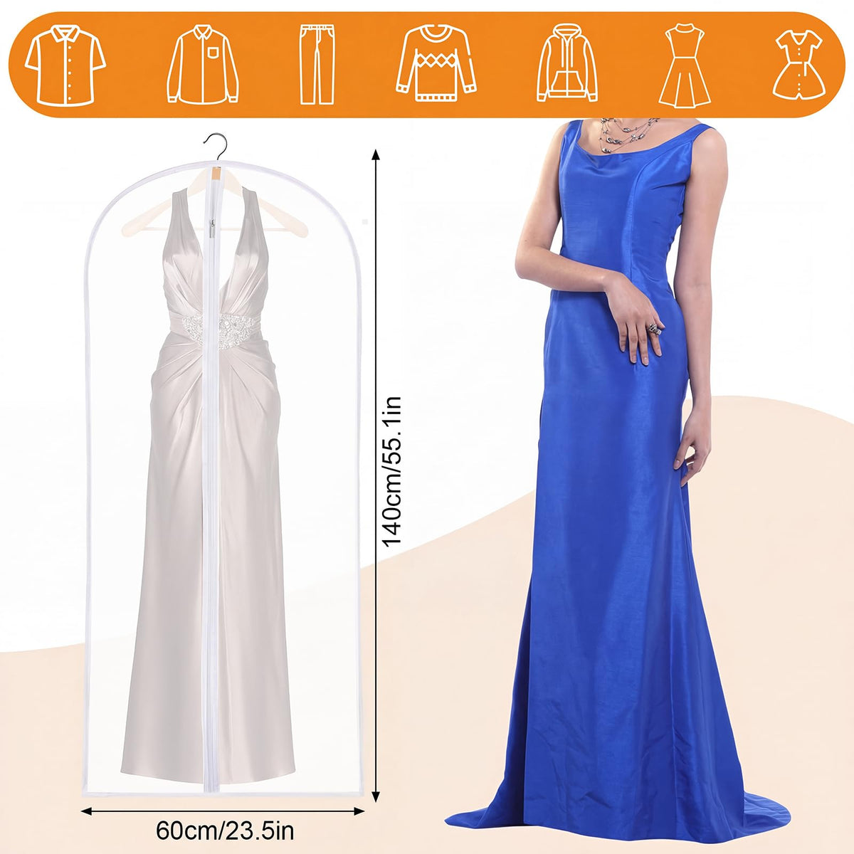 2 Pack Dress Bags Covers Long, 55in PEVA Garment Bags Suit Bags, White Edge