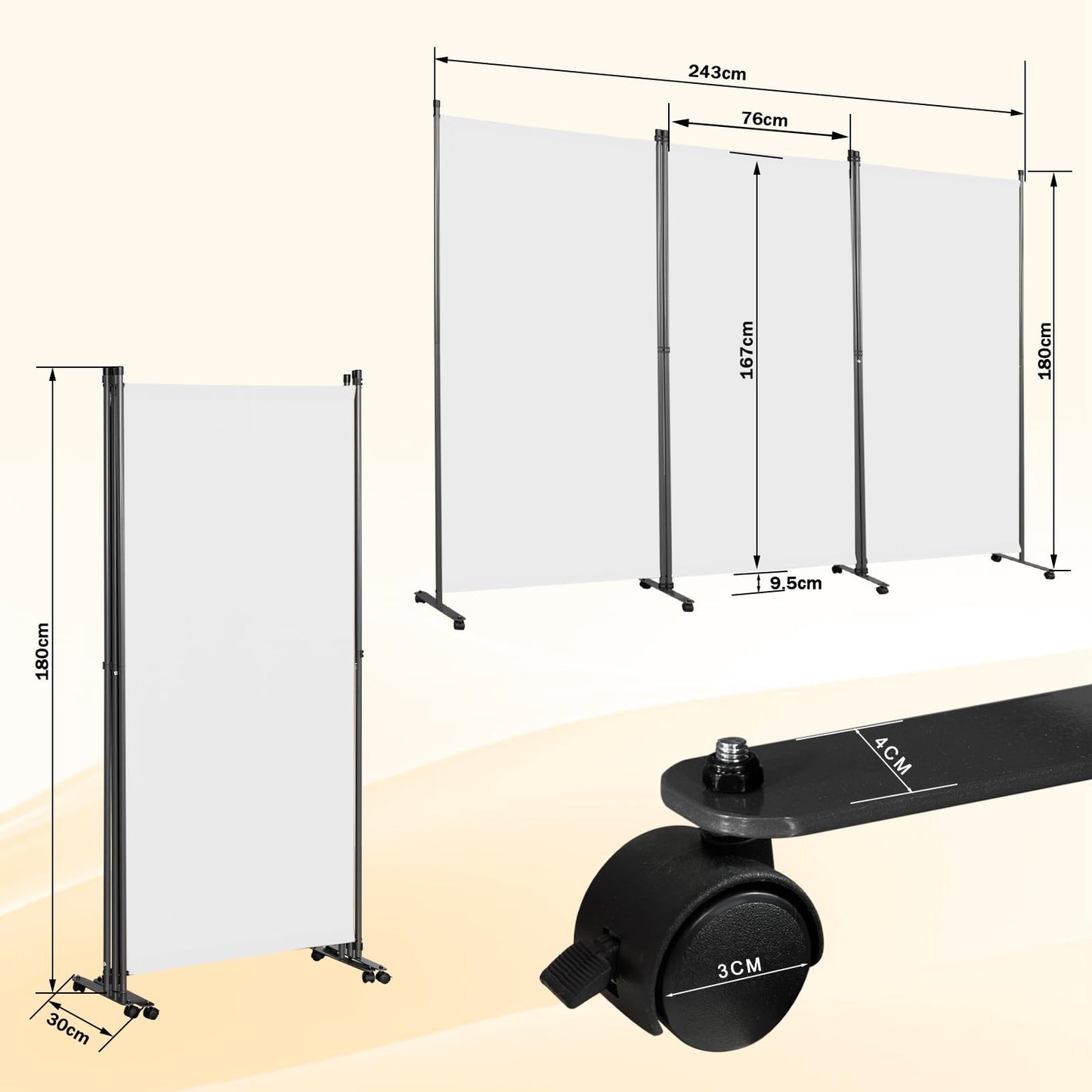 Angel Living 3 Panels Folding Room Divider, Privacy Screen Composed of Polyester Fabric and Sturdy Iron Frame