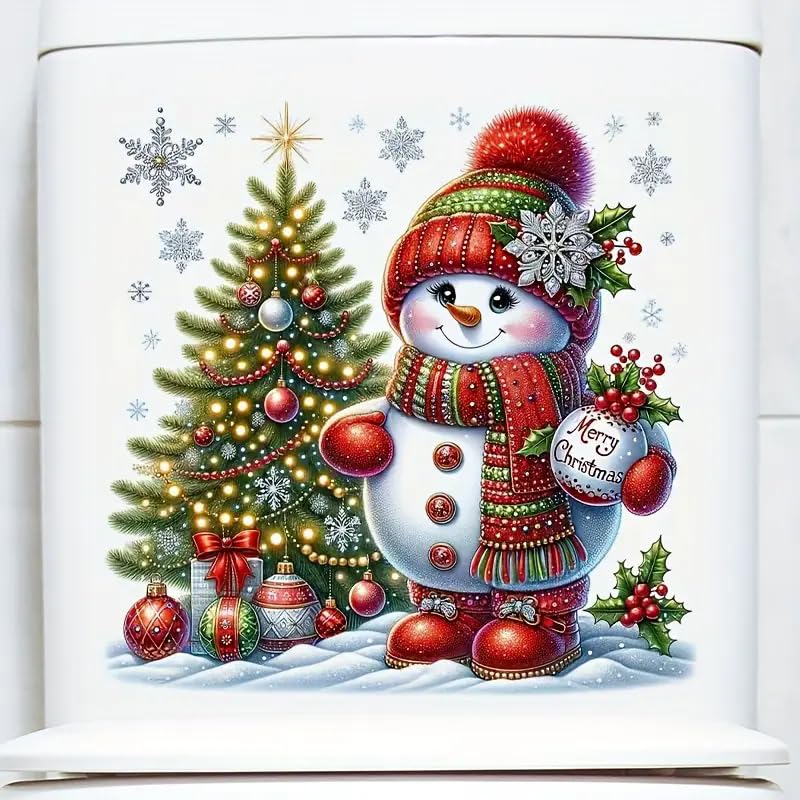 Christmas Snowman and Christmas Tree Toilet Cover Sticker Decals,Fish Bird Flower Leaf Waterproof Toilet Lid Tank Seat Decals Cistern Self-Adhesive