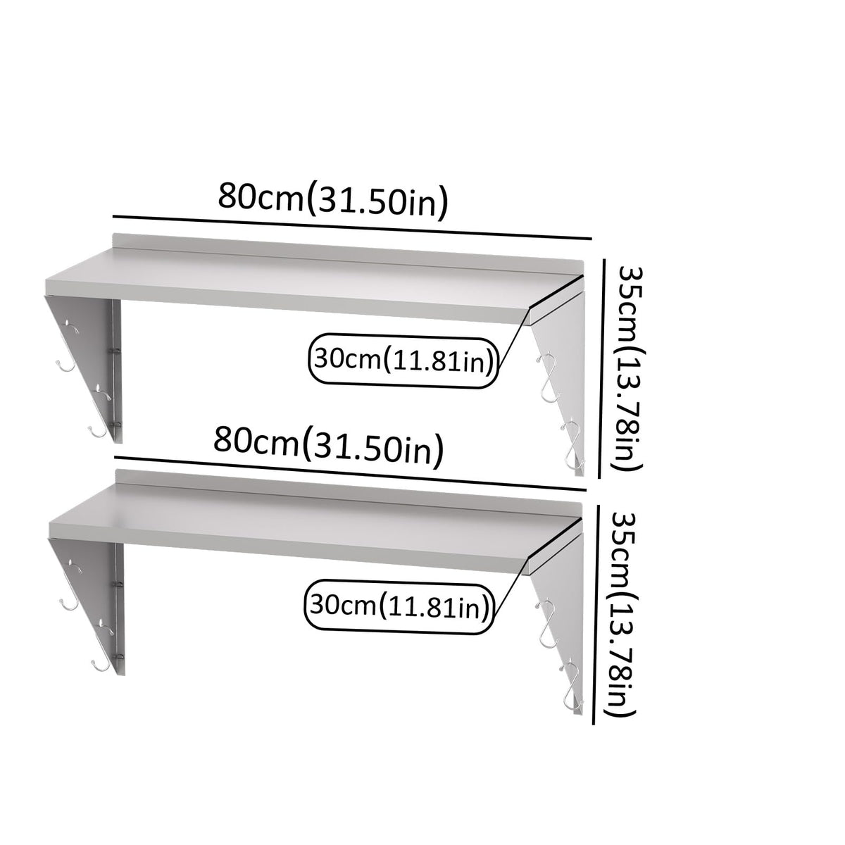 Stainless Steel Shelf Commercial Kitchen Wall Shelves 80x30cm, 2PCS