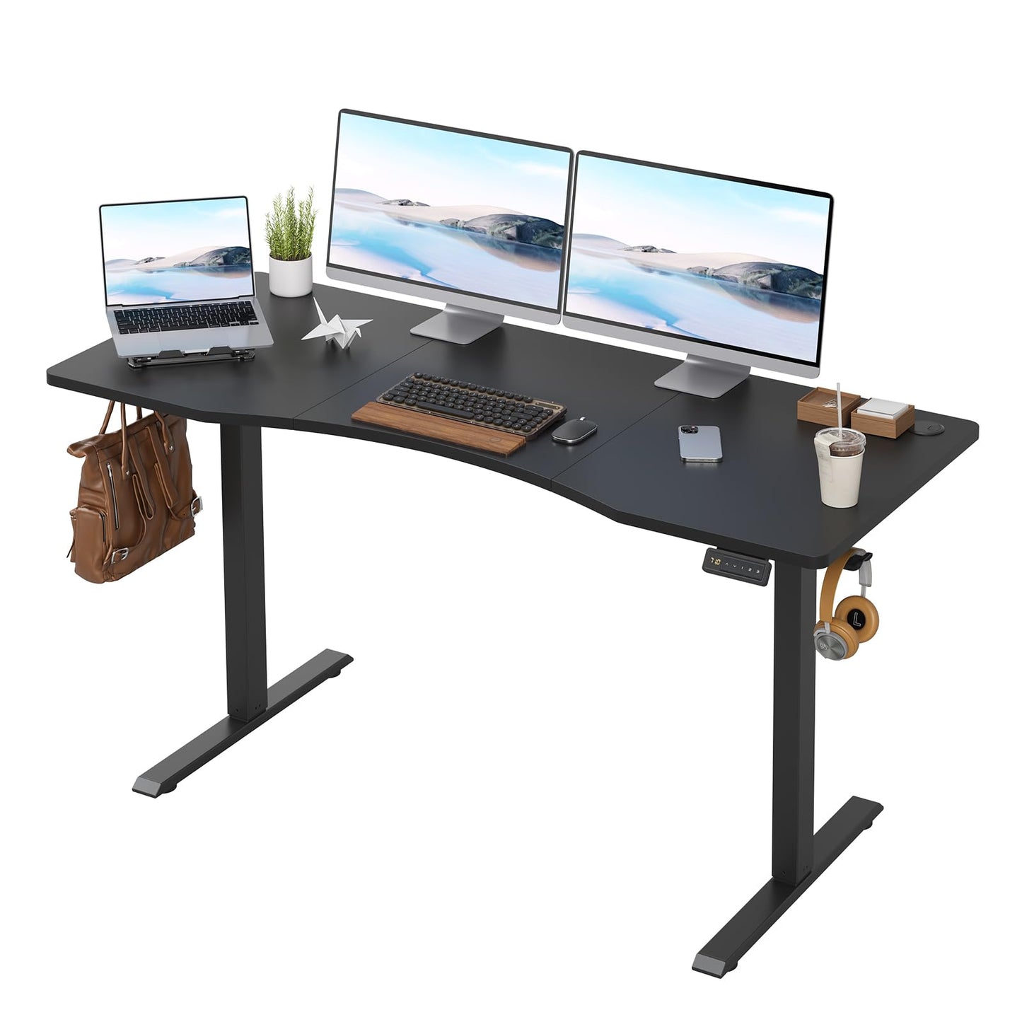 Farini U-Shaped Ergonomic Electric Standing Desk, 140x60cm, Height Adjustable Sit to Stand Desk with Memory Keypad & Headphone Hook for Home and
