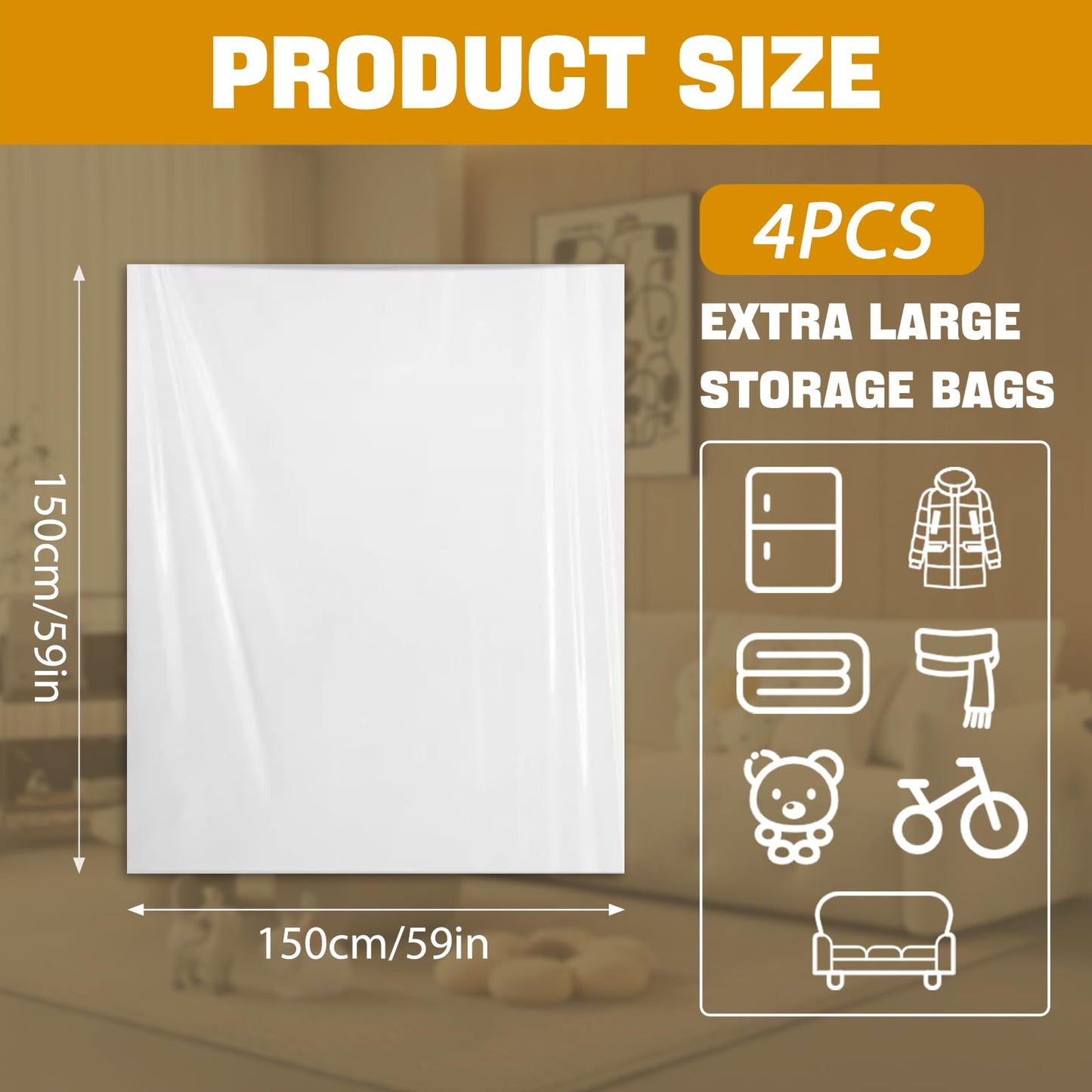 4 Pcs Extra Large Clear Plastic Storage Bags 150x150cm for Clothes