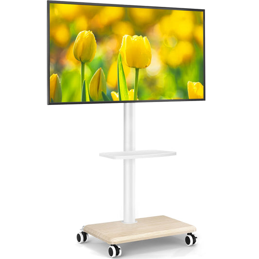 5Rcom TV Stand on Wheels for 27-55 Inch TV, Mobile TV Cart Trolley TV Stand Height Adjustable Swivel with Wood Base Max VESA 400x400mm Holds 35kg