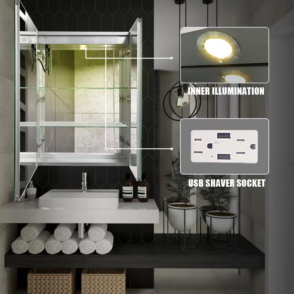Janboe LED Mirror Cabinet,Bathroom Mirror Cabinet with Lights,61cm×71cm,Equip with Internal Light,Aluminum Construction,USB Shaver Socket,3