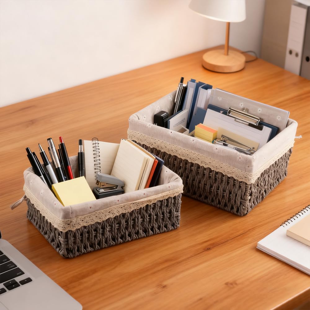 KiKiHong Set of 3 Rope Woven Storage Baskets Grey Wicker Basket