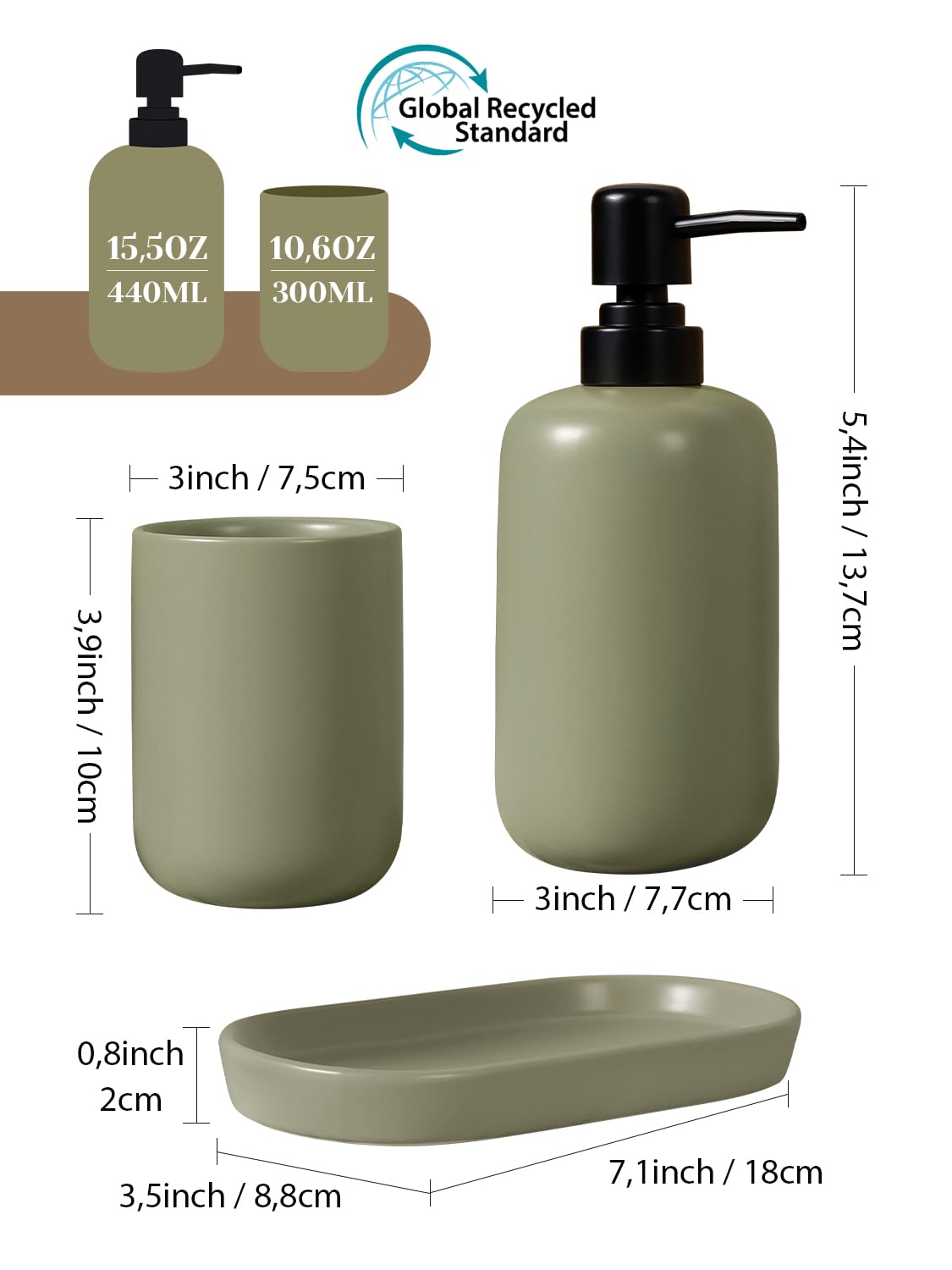 Autumnlife 3 Pcs Ceramic Bathroom Accessory Set - Liquid Soap Dispenser, Toothbrush Holder & Tray, Bathroom Counter Set