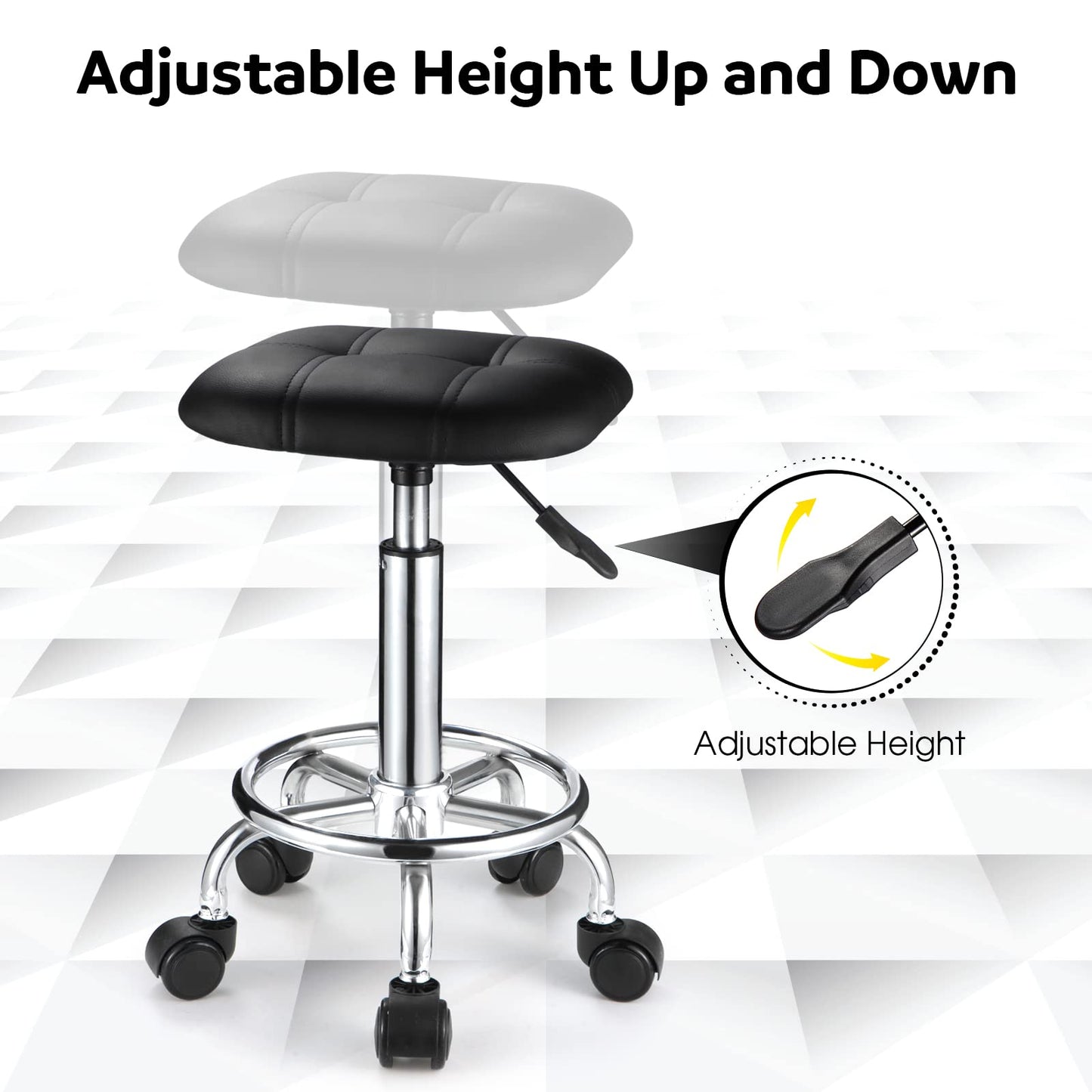FNZIR Square PU Cushion Rolling Stool with Wheels Height Adjustable Swivel Stools Chair Black