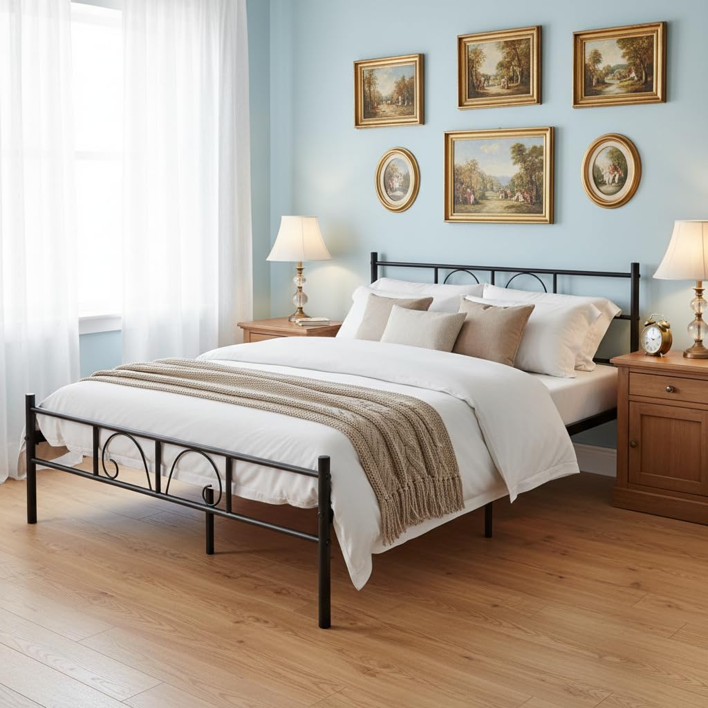 FurnitureR Black Metal Double Bed, Design Frame with Ornamental Patterns, Steel Slatted Base, Ideal for Bedroom, Studio, Guest, 140 x 190 cm