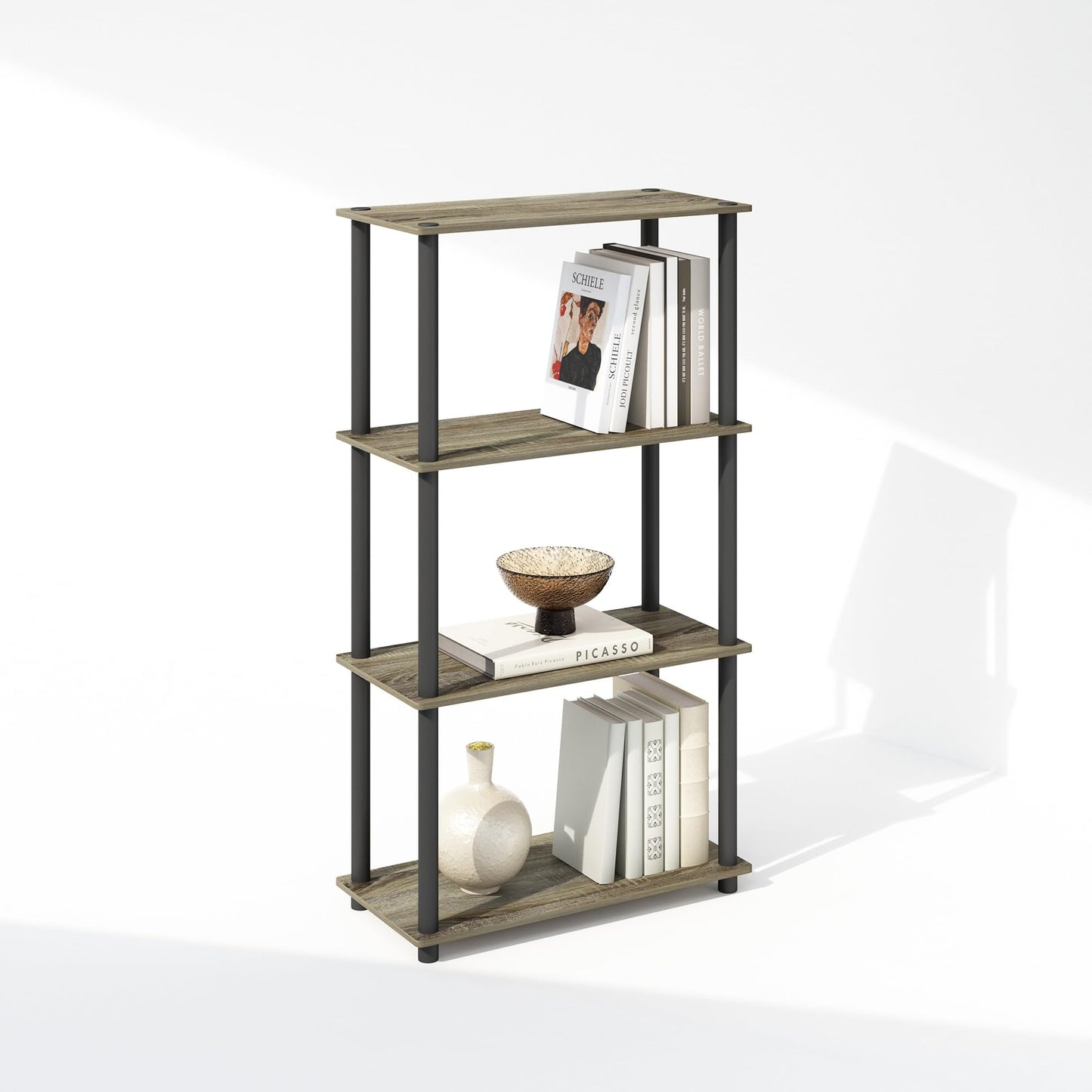Furinno TURN-N-TUBE Book Shelf, 4-Tier Bookshelf, Bookcase with Multipurpose Compact Display Rack, 29.46 x 59.94 x 109.73 cm, for Living Room