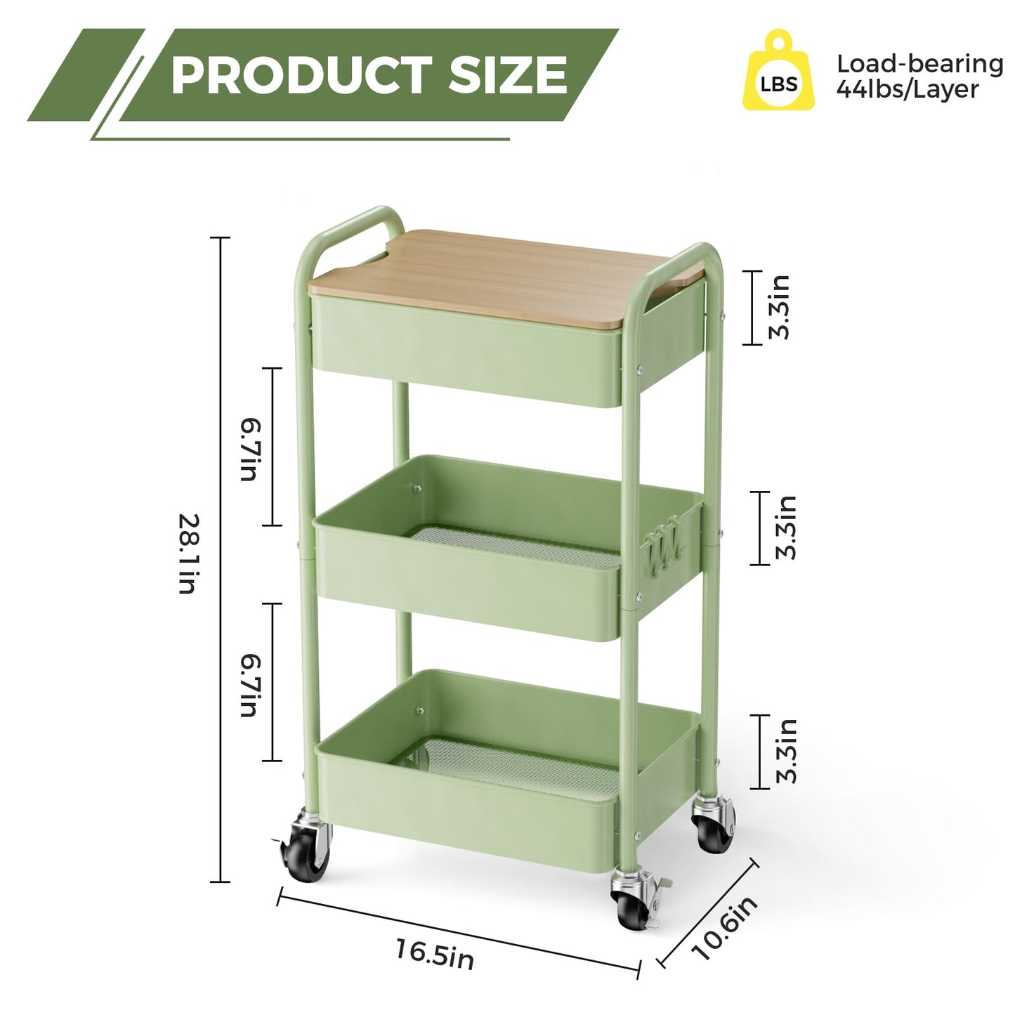 Shrivee 3-Tier Rolling Cart with Table Top, Serving Trolley, Metal Rolling Utility Trolley, Shelf on Wheels, Shelf, Organiser, Kitchen Shelf