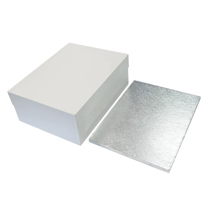 Culpitt 18" x 14" (457 x 355mm) Cake Board & White Cake Box Combo, Oblong Silver Fern Cake Drum With Matching Box, 0.5'' (13mm) Thick, Rectangular