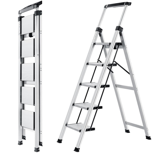 XinSunho Step Ladder 5 Step, Aluminum Folding Step Stool with Retractable Handgrip & Removable Tool Tray, Lightweight Stepladders for High Closet,