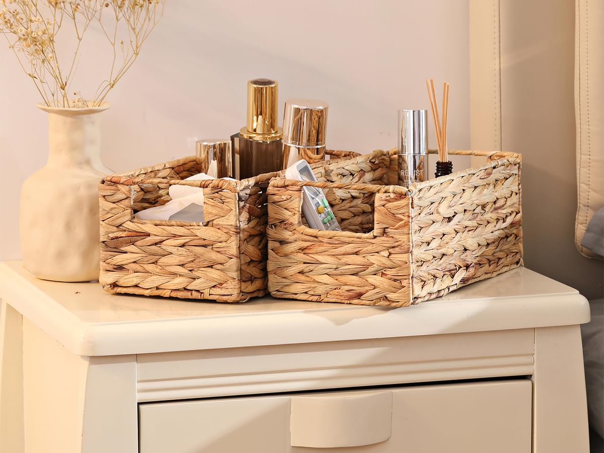 Vagusicc Water Hyacinth Storage Baskets for Shelves, Small Organizer Box Storage Bins with Handles, Wicker Basket for Bathroom Storage