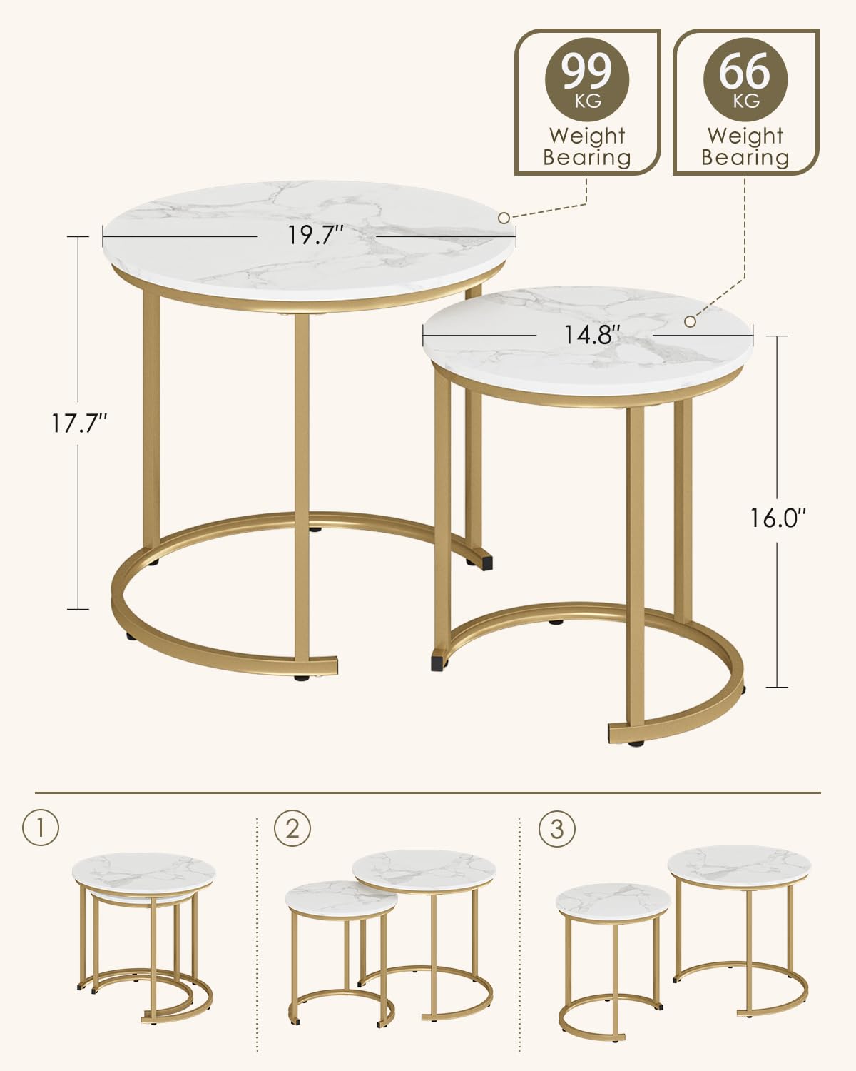 HEYZOEY Round Coffee Tables, Removable Set of 2 End Table, Nesting Table, Side Table with Gold Metal Frame Legs and Marble White Top for Living Room