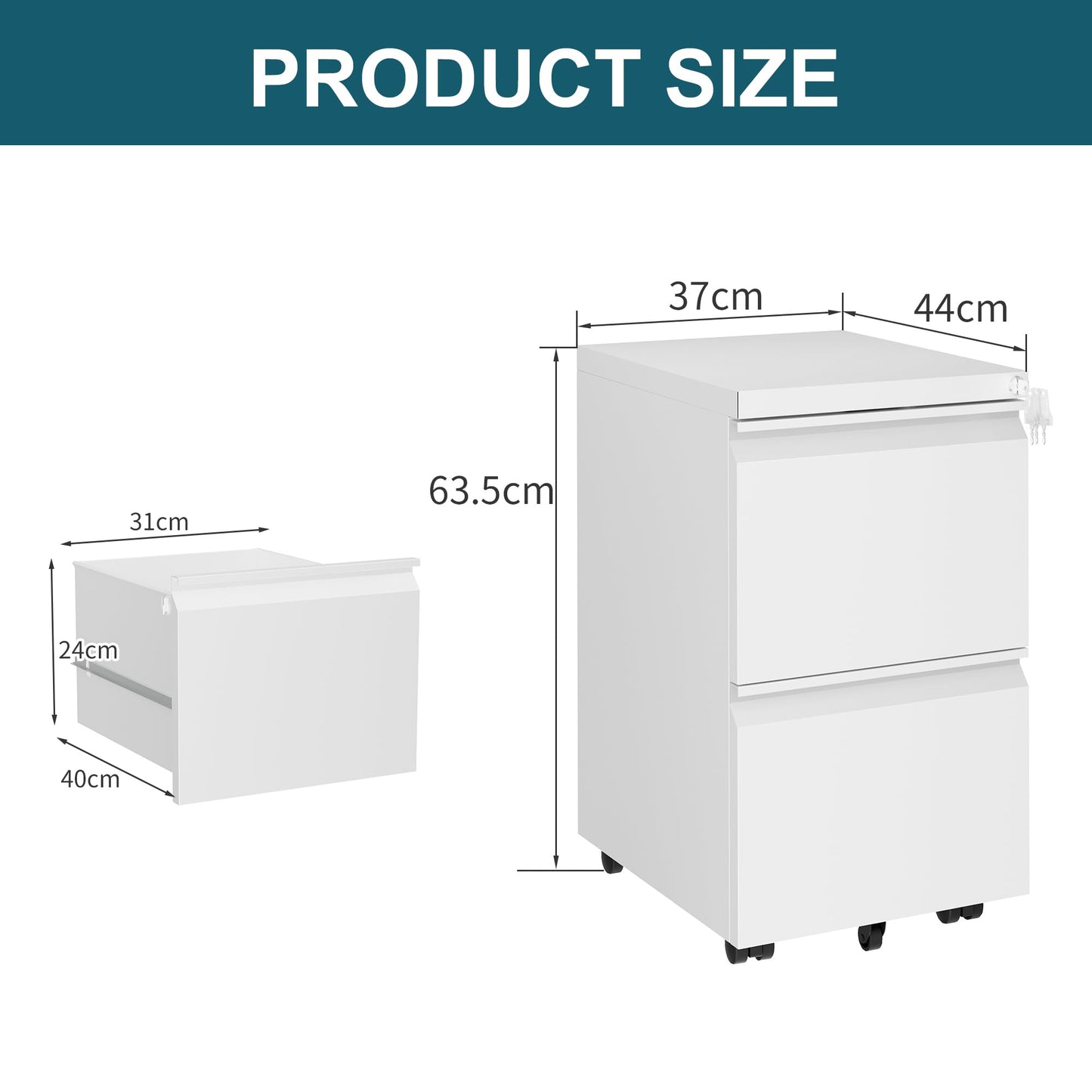 LVSTEEL Mobile Filing Cabinet, Lockable 2 Drawers with Suspension File Hanging Rails, With 4 Keys