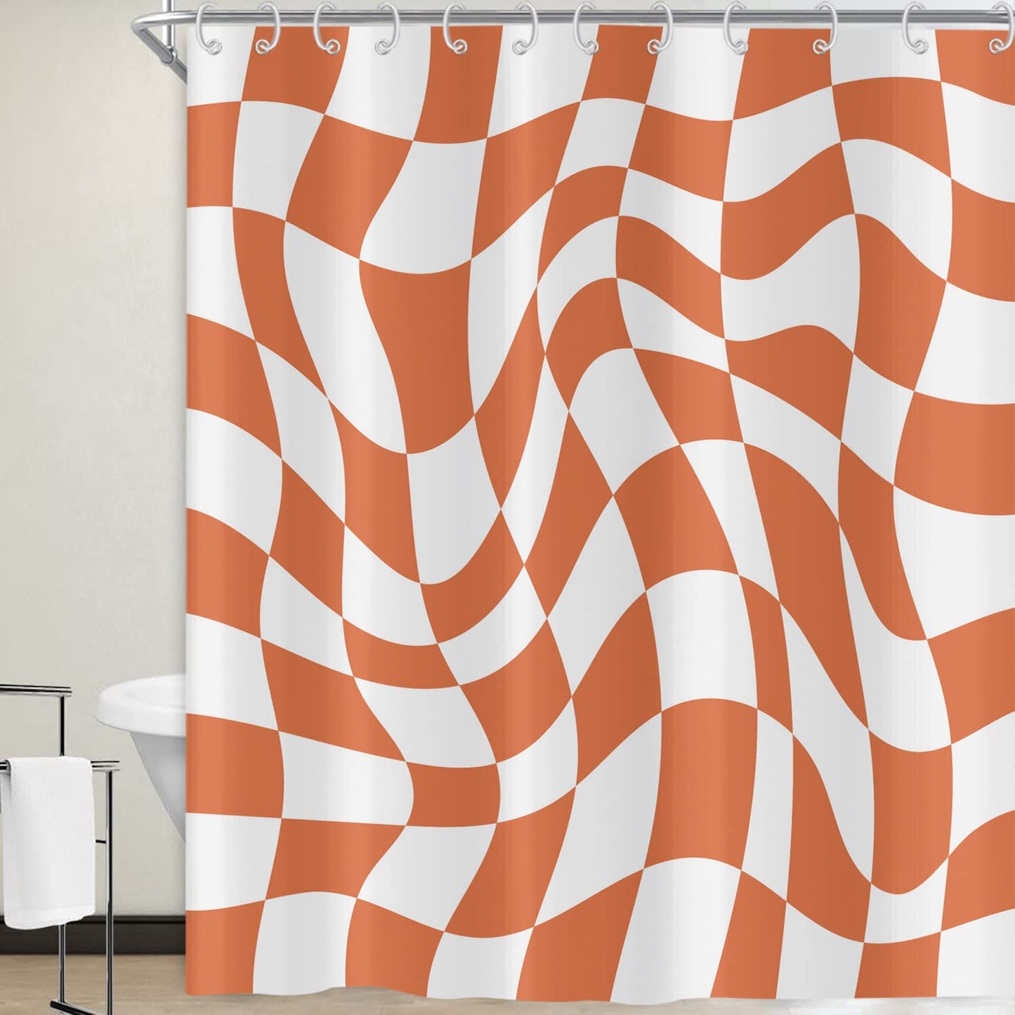 Hnmdmyi Orange Groovy Checkerboard Shower Curtain 180x180, 70s Retro Modern Abstract Psychedelic Groovy Wavy Aesthetic Hippie Funky Waterproof