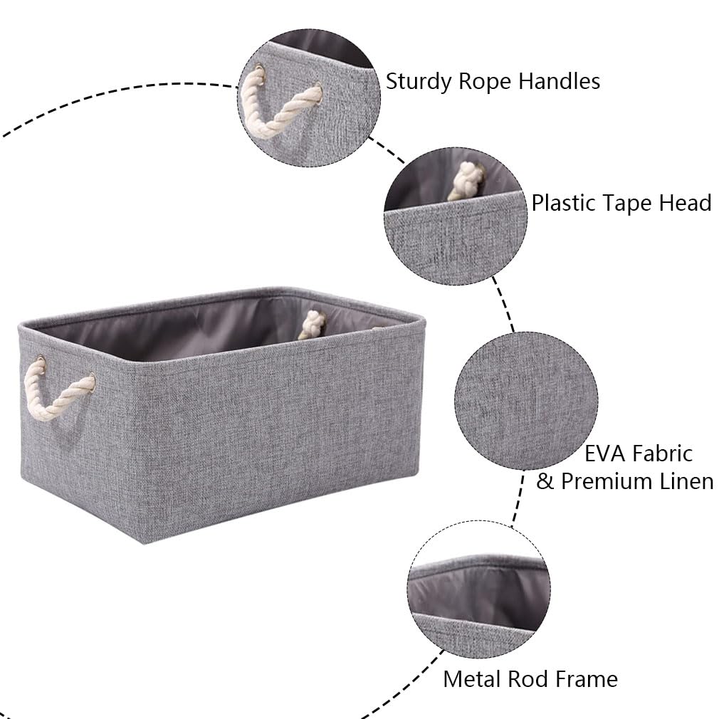 June Tech 3 Pcs Fabric Canvas Storage Boxes with Handles - Small Grey Storage Basket for Cupboards, Shelves, Toys, Clothes, Office