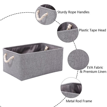June Tech 3 Pcs Fabric Canvas Storage Boxes with Handles - Small Grey Storage Basket for Cupboards, Shelves, Toys, Clothes, Office