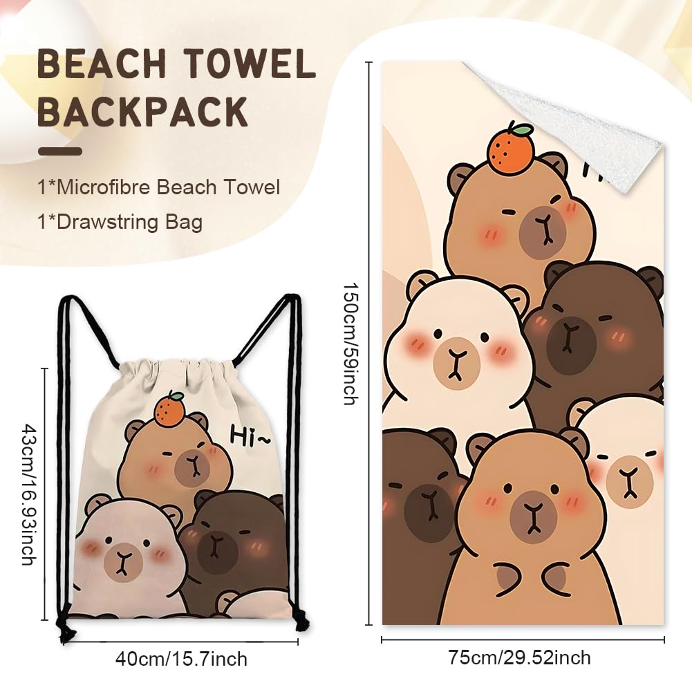 Capybara Microfiber Beach Towel Sand Free Absorbent Extra Large Travel Towels for Adults Kids Microfibre Towels for Adults with Drawstring Bag 2in1