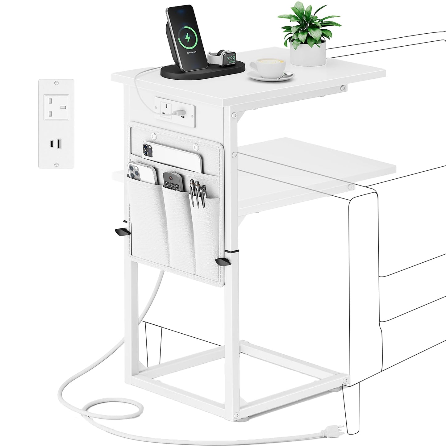Vagusicc C-Shaped Side Table with Charging Station, Height Adjustable Sofa Side Table, Bedside Table, End Table for Small Spaces