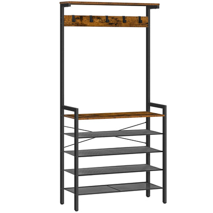 HOOBRO Coat Stand, Coat Rack with Shoe Storage, Industrial Hall Tree, Large Hall Stand, 5 Removable Hooks, Wood Accent Top Shelf, Entryway Storage