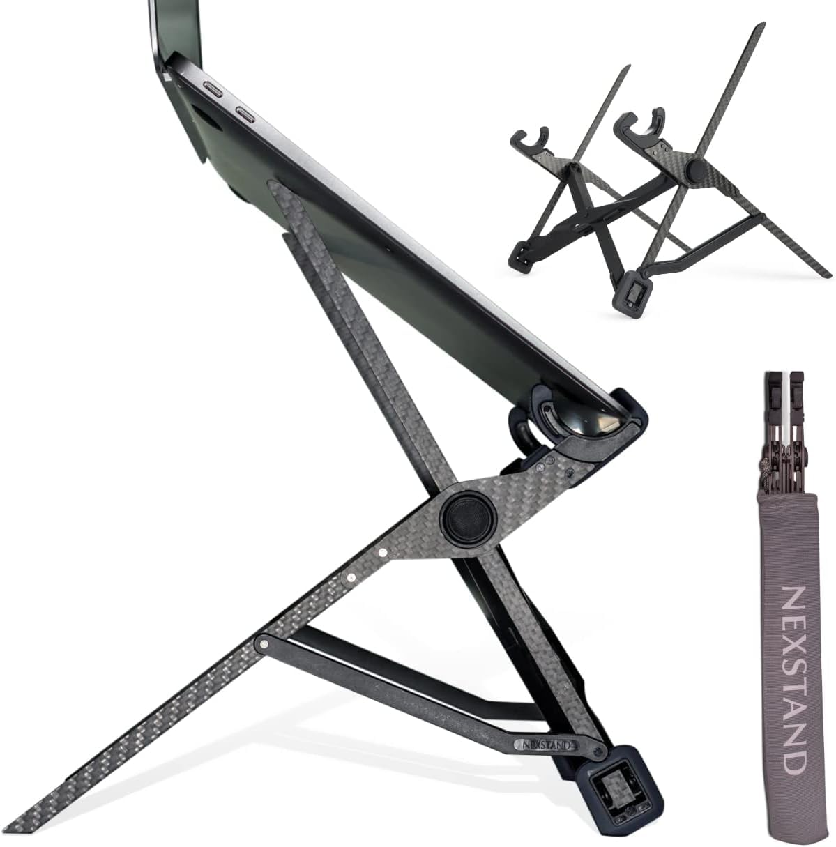 NEXSTAND K1 Laptop Stand, Carbon Fiber Foldable Portable Desktop Laptop Holder, 7 Levels Height Adjustable Ergonomic Laptop Riser for Desk, MacBook