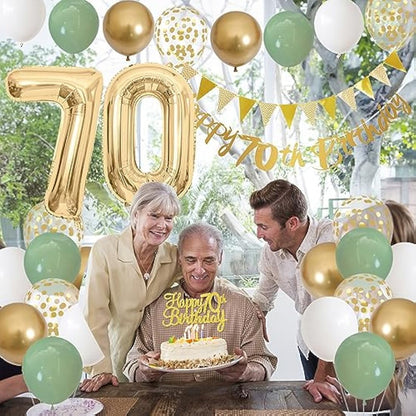 70th Birthday Decorations for Men Women - Sage Green White Gold Balloons with Happy Birthday Banner, Cake Decoration, Number 70 Balloon for Year Old Party Decor