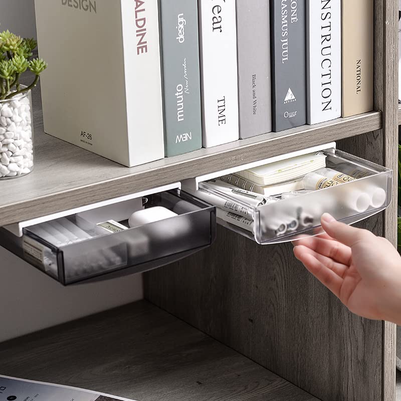 Under Desk Drawer Organizer,2 Pack Self-Adhesive Attachable Under Desk Storage Drawer, Hidden Desk Drawer Slide-out