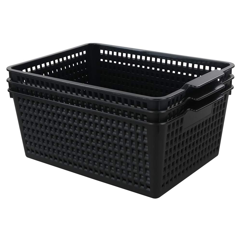 Yarebest Large Plastic Storage Basket Box, Cupboard Storage Baskets, 3-Pack (Black)