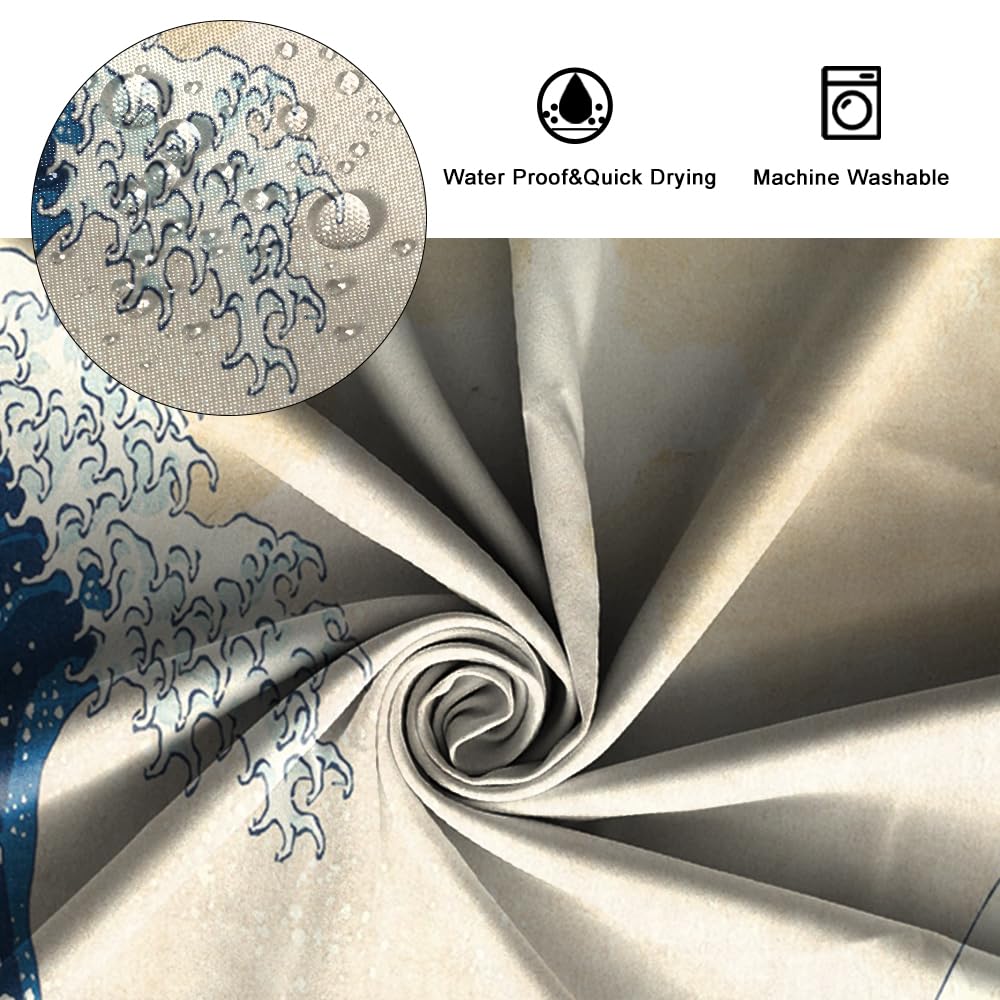 SDOTPMT 72x72inch Japanese Ocean Waves Shower Curtain Abstract Sea Wave Wooden Boat Bath Curtain Ukiyo-e Theme Fuji Mountain Bathtub Curtain for