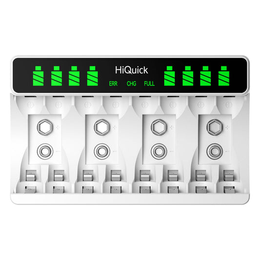HiQuick LCD 8-slot Battery Charger for AA & AAA Rechargeable Batteries, 5V 2A Type C Input, Intelligent Battery Detection Technology, AA AAA Battery