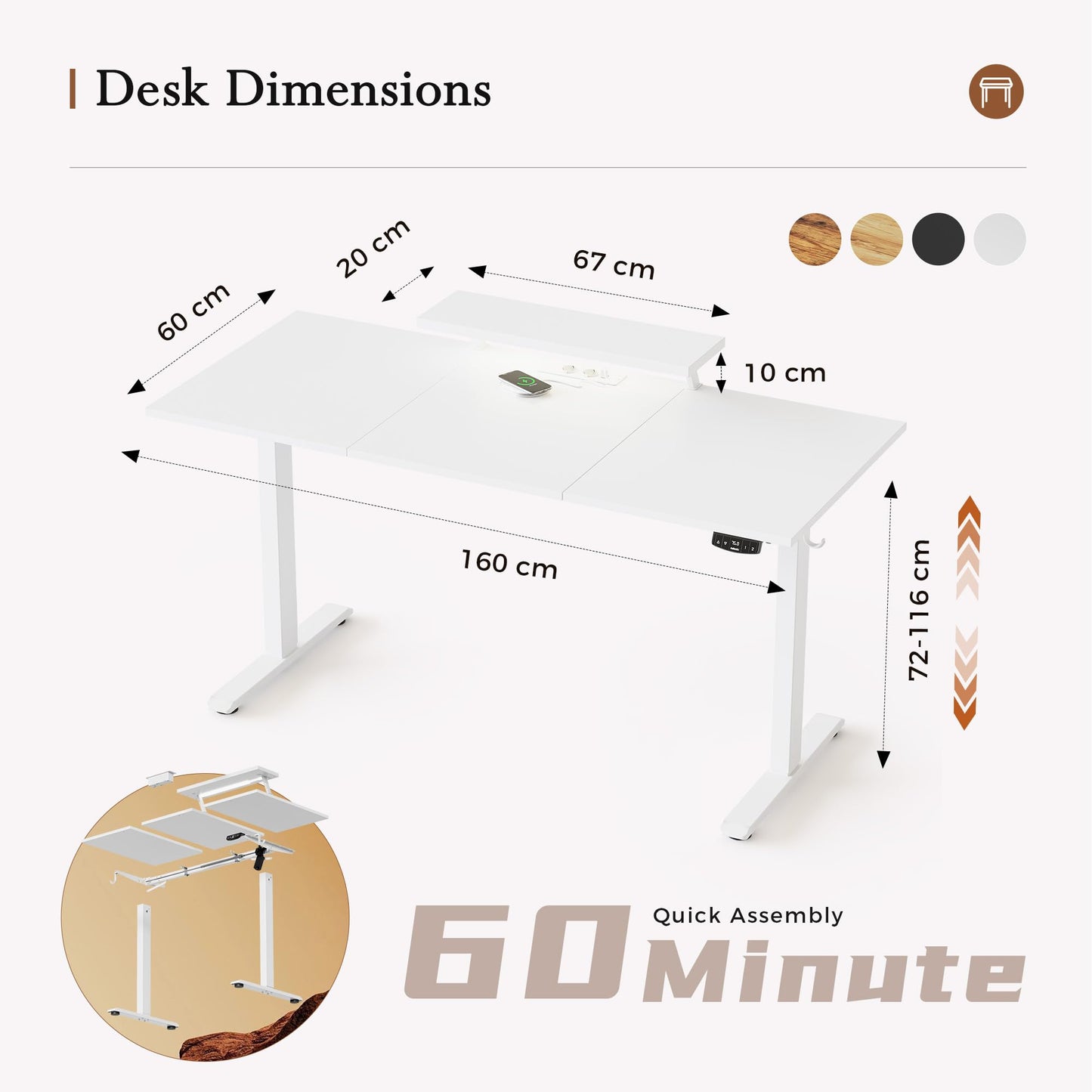 Klicelor Electric Standing Desk, Led & Plug, Movable Monitorstand, 160x60
