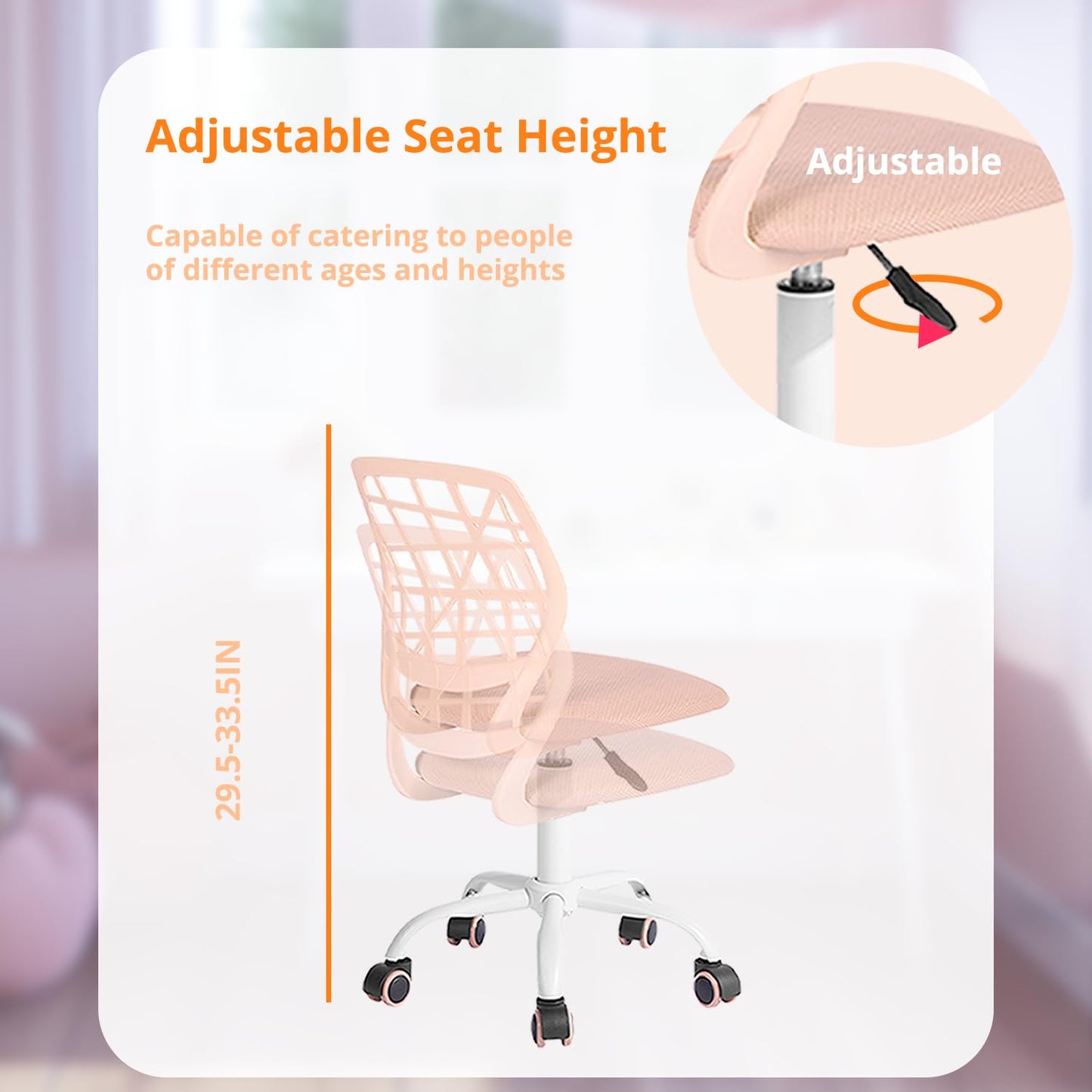 FurnitureR Ergonomic Computer Chair Adjustable Height Adjustable Chair for Home Office Computer Delicate Pink Plastic 38cm x 39cm x 75-85cm