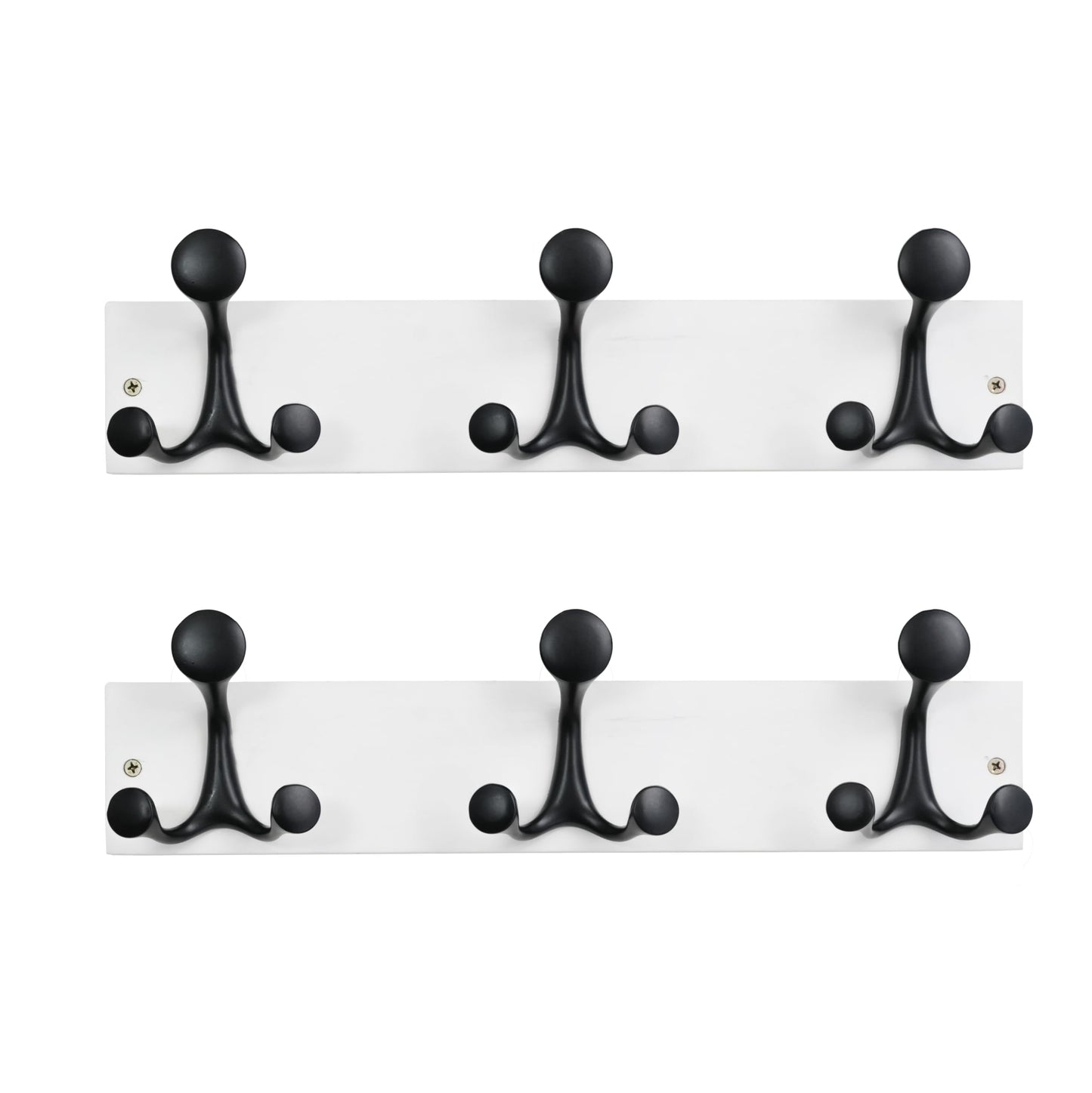HONSKY Wall Mounted Coat Rack, 43cm White Pine Wood Base, 3 Black Sturdy Aluminium Alloy Triple Hooks (9 Hanging Points)