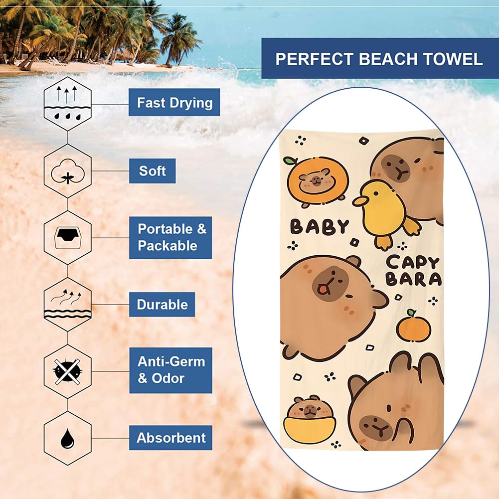 Spiritzohic Capybara Beach Towels, Capybara Bath Towels Swimming Towel Quick Dry Microfibre Towel Sandproof Beachs BathTowels for Travel, Holiday