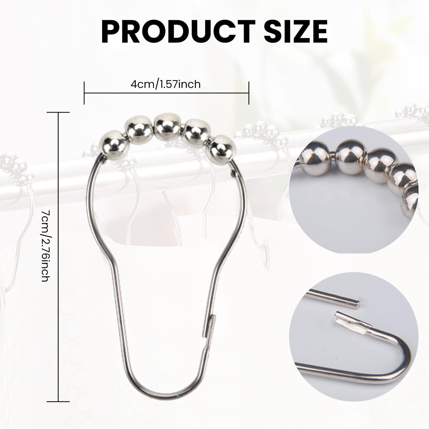 12 PCS Shower Curtain Hooks, Silver Stainless Steel Shower Curtains Rings with Roller Balls, Rust-Resistant, Heavy-Duty Closure