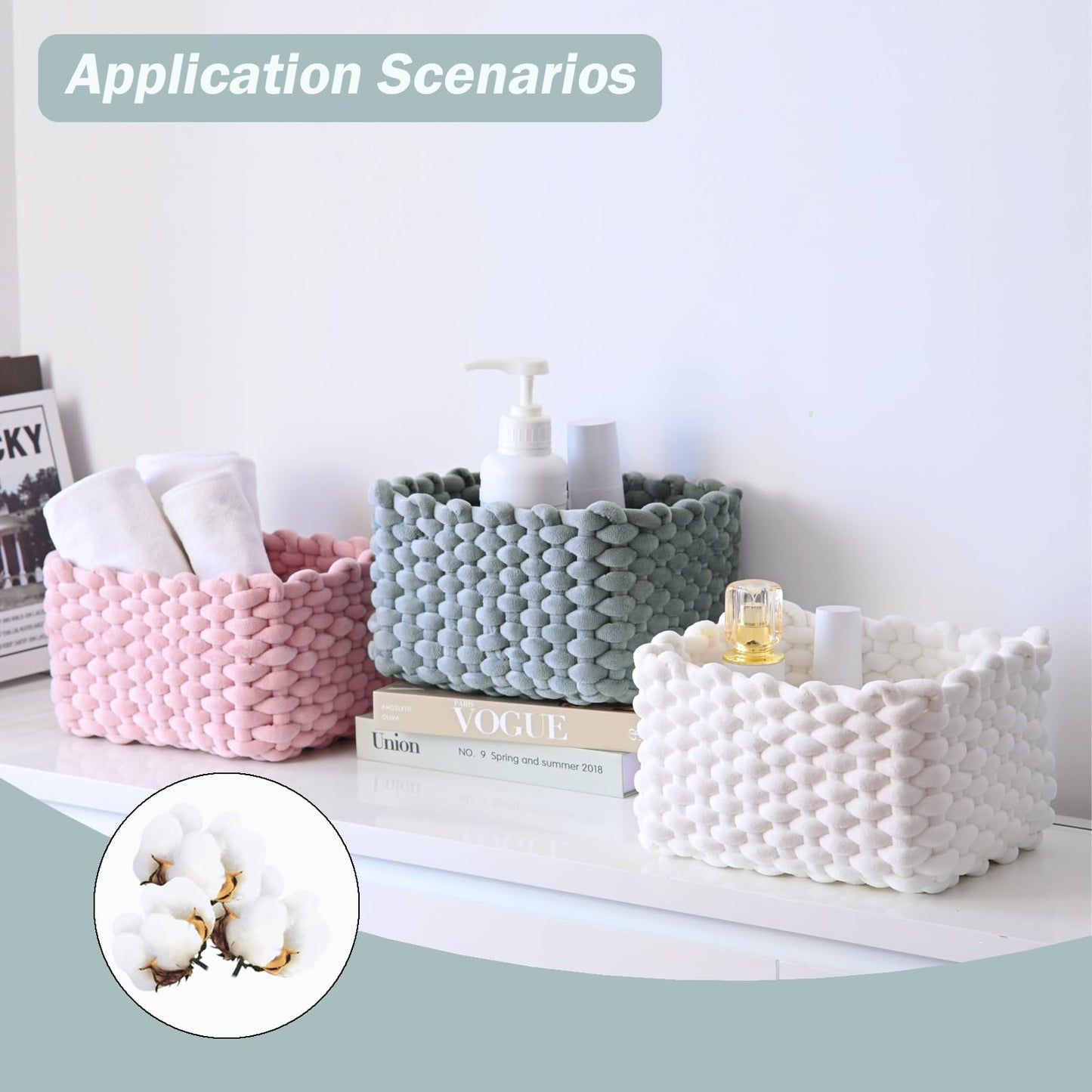 hand-knitted velvet rope storage basket set of 3 - soft cotton rope desktop cosmetics organizer box - nesting multi-functional storage basket