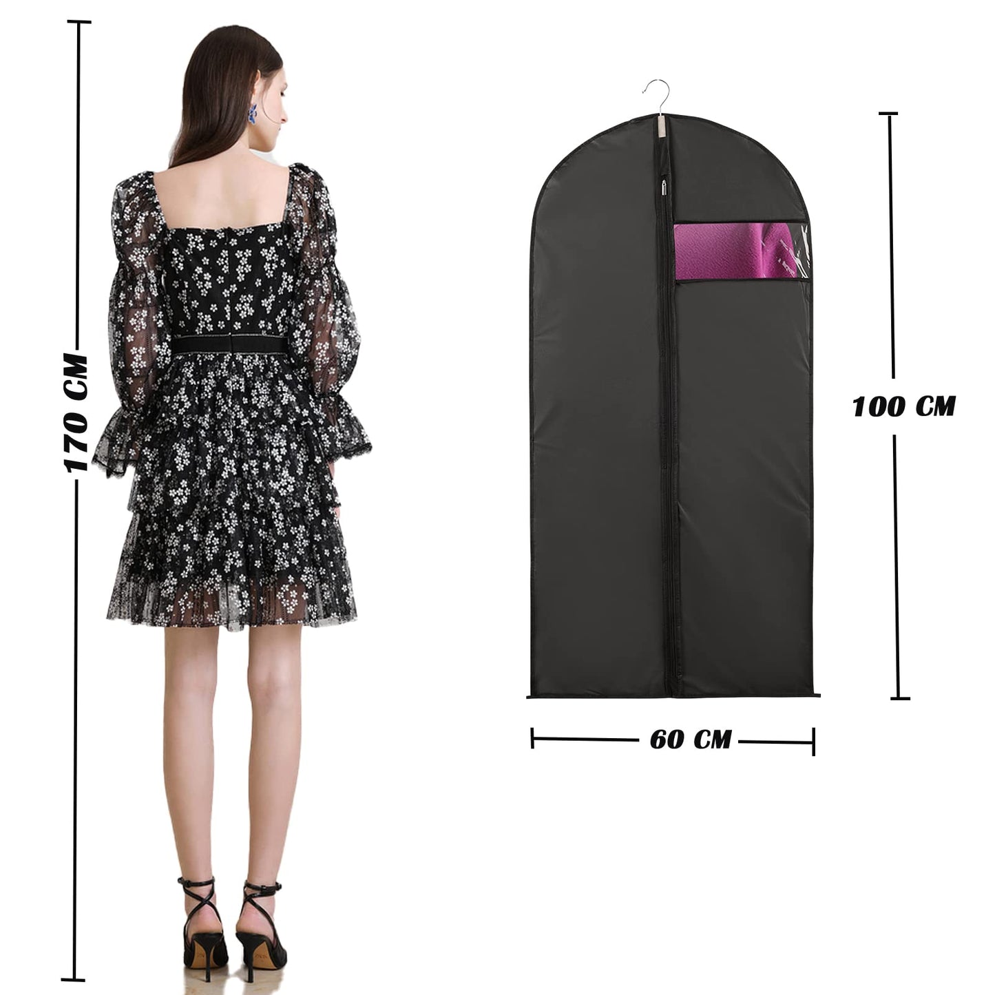 Niviy Suit Bags 60 x 100 cm, Black Garment Covers with Zip & Clear Window