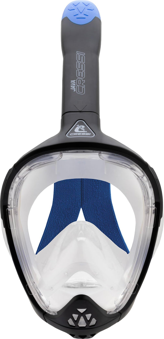 CRESSI Java Full Face Mask Black/Blue L/XL-Unisex Full Face Snorkel Mask, Ultra Clear Anti Fog Lens, 100% Silicone, Snorkel Dry with Safety Valves,