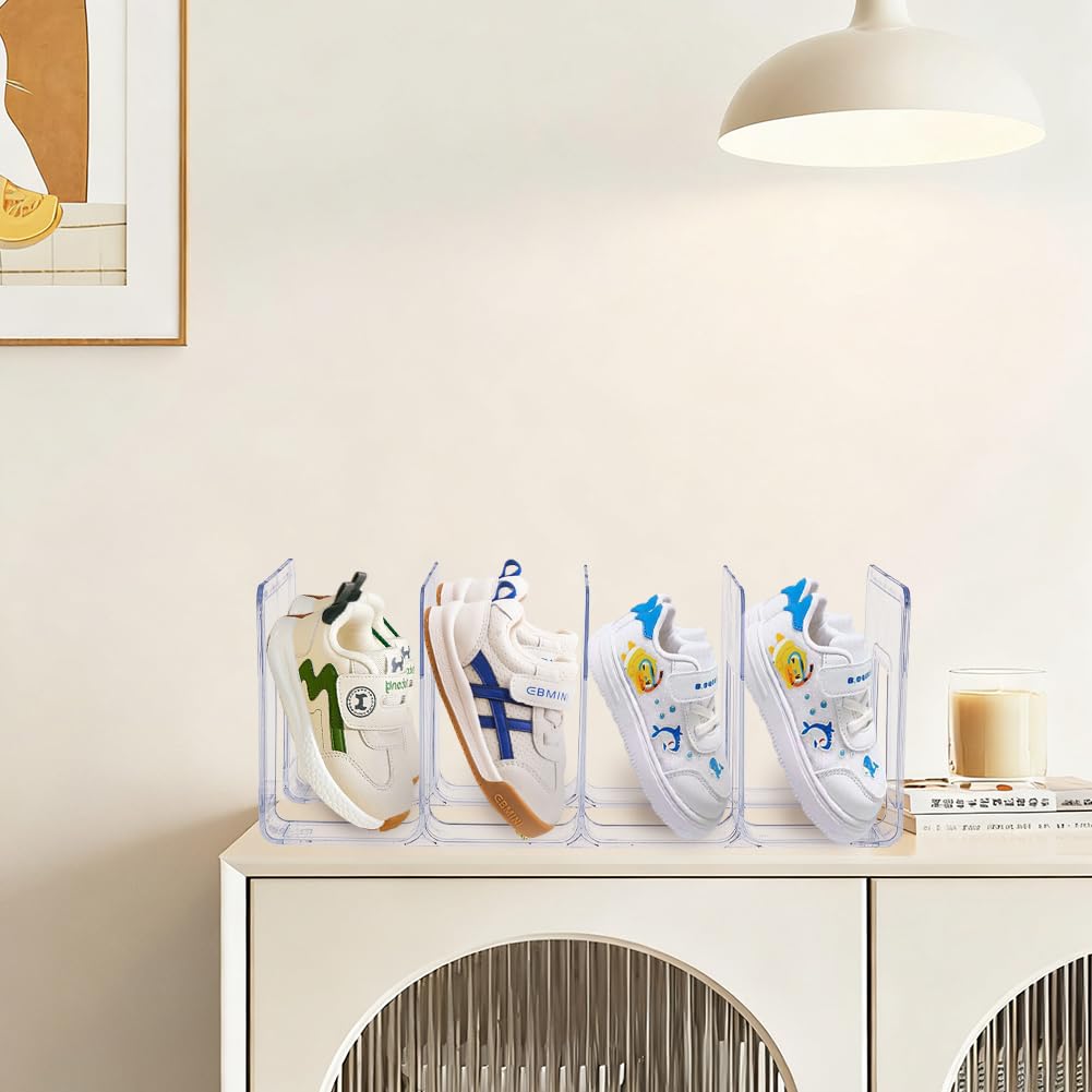 DICOSMETIC 2Pcs 4 Girds Clear Small Shoe Rack Plastic Shoes Holder 12.6x5.7x5.08 Inch Shoes Display Organizer Stackable Shoe Storage Shelf for Home