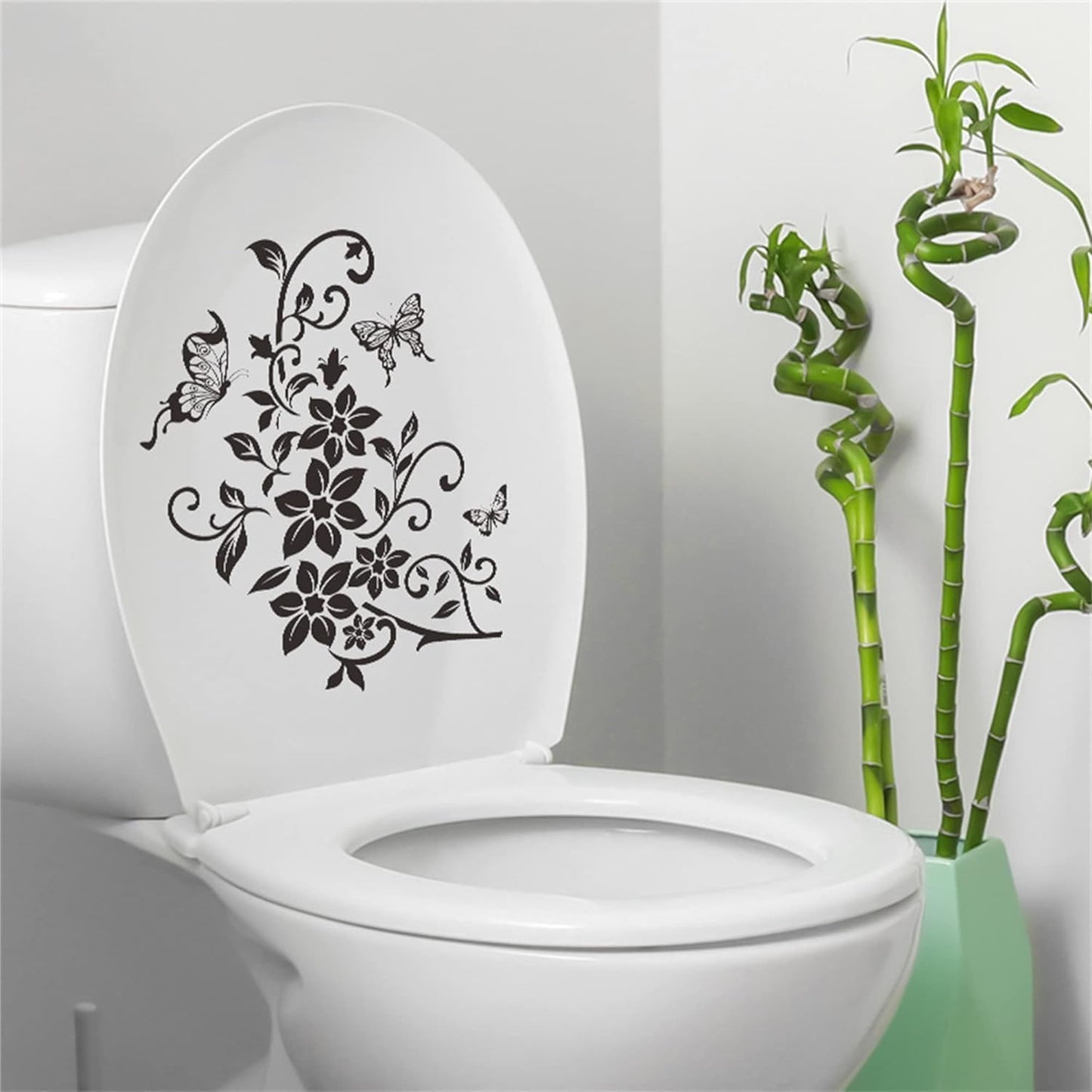 1Pc Black Flowers Butterfly Bathroom Toilet Seat Lid Cover Decals Stickers PVC Sticker Removable Self Adhesive Restroom Decor Art Decoration Toilet