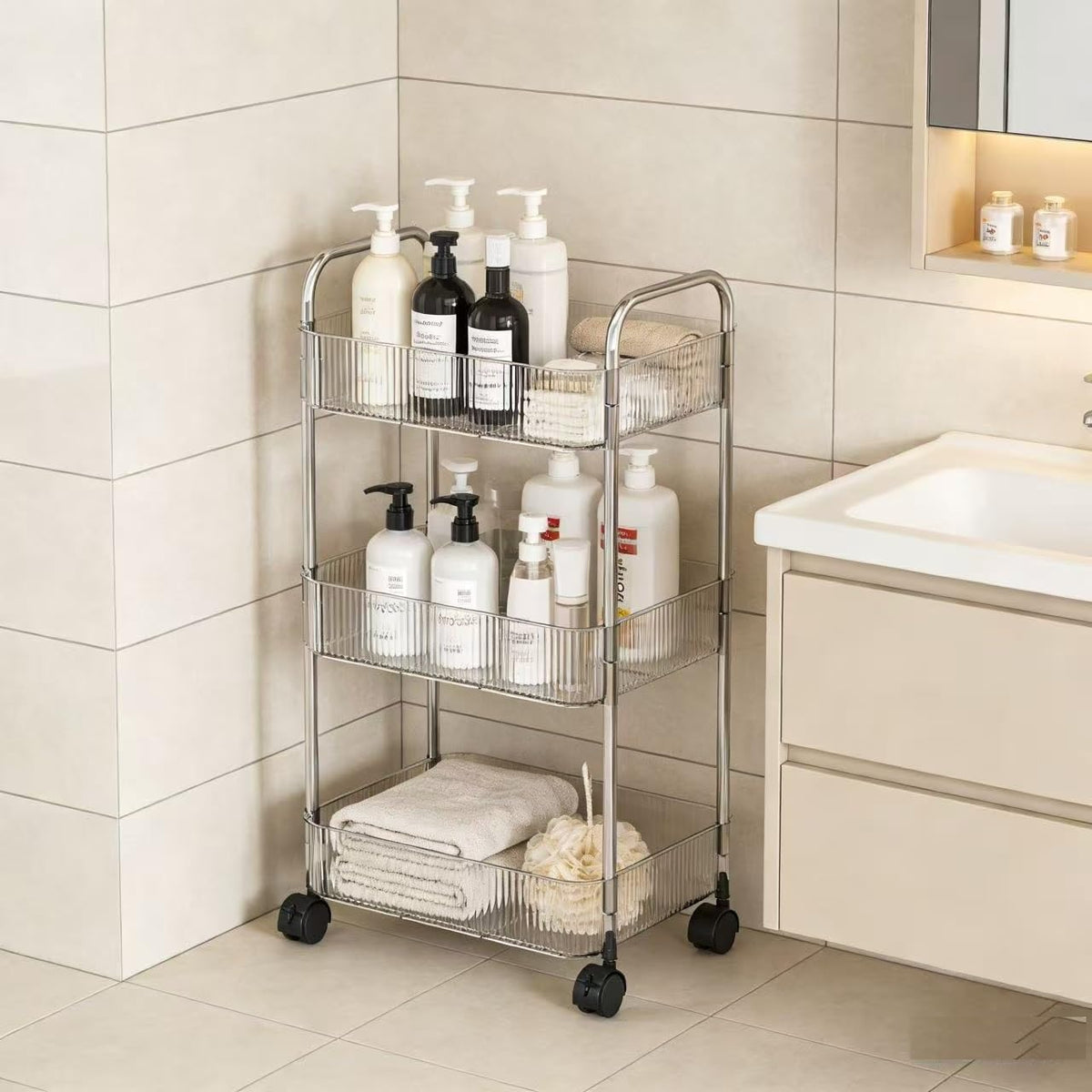 Multibao 2/3/4 Tier Storage Trolley on Wheels - Acrylic Shelf Cart for Bathroom, Spa, Salon Beauty 3 Tier 40 * 28.5 * 69.7cm