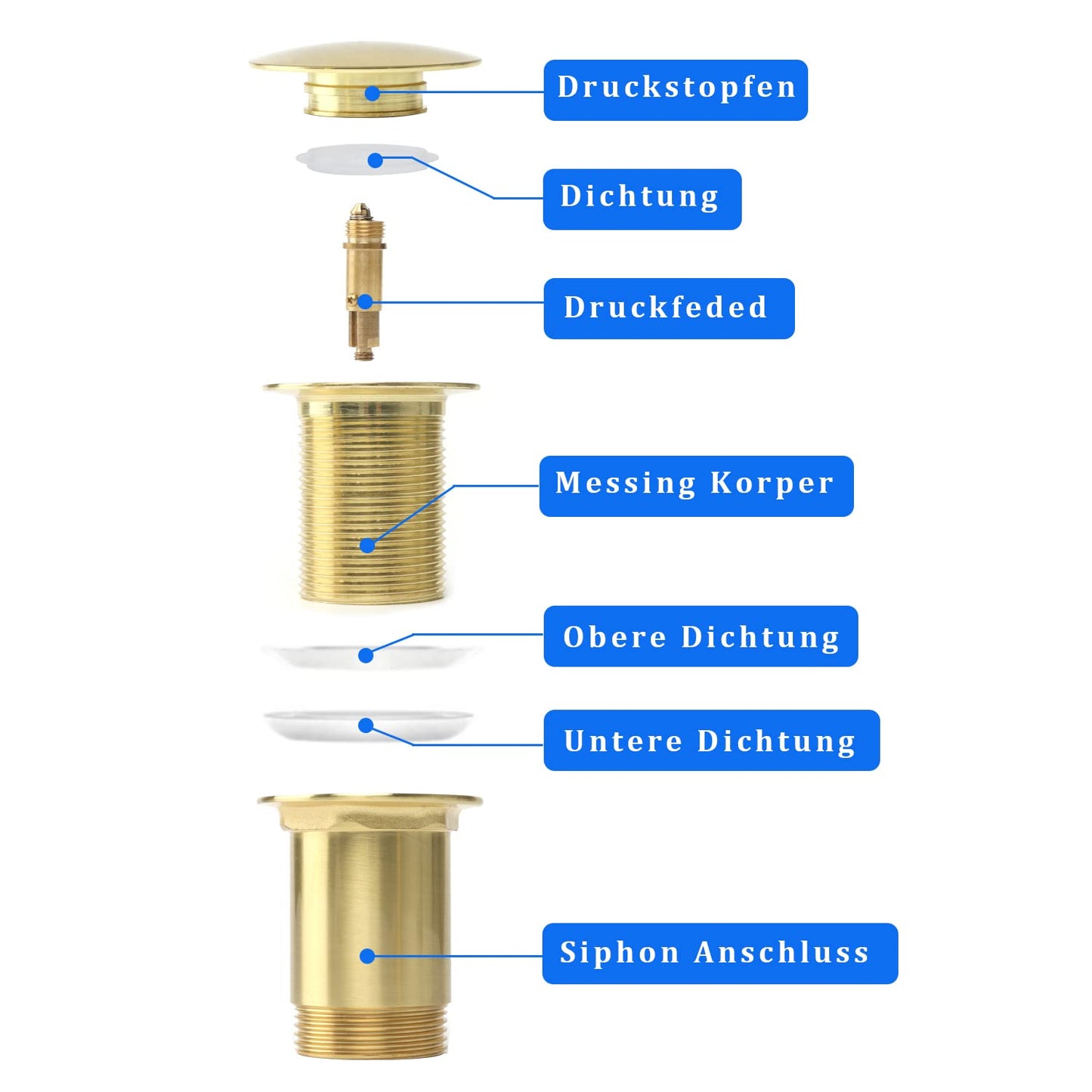 Universal drain fitting without overflow, pop-up drain plug made of solid brass for sink and washbasin, tool-free installation