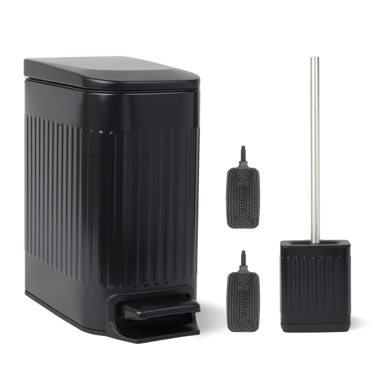 FAMM TASTIC Set of 7L Narrow Metal Pedal Toilet Bin Black Bathroom Bin/Office Bin/Bedroom Bin Small Bin with Lid and Silicone Toilet Brush and Holder