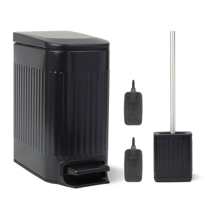 FAMM TASTIC Set of 7L Narrow Metal Pedal Toilet Bin Black Bathroom Bin/Office Bin/Bedroom Bin Small Bin with Lid and Silicone Toilet Brush and Holder